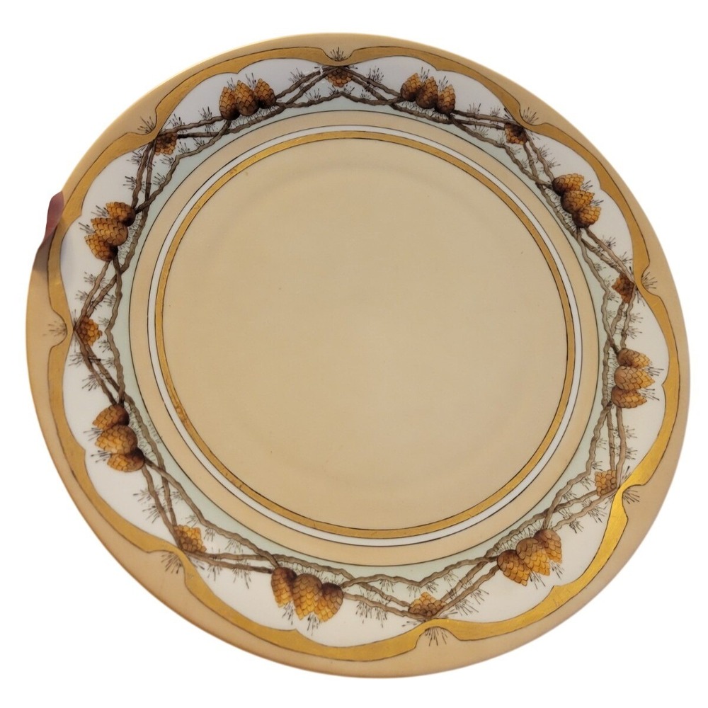 Bavaria‎ Porcelain Plate Vintage Pinecone Gold Gilt Rustic Cabin Decor Tan 15"